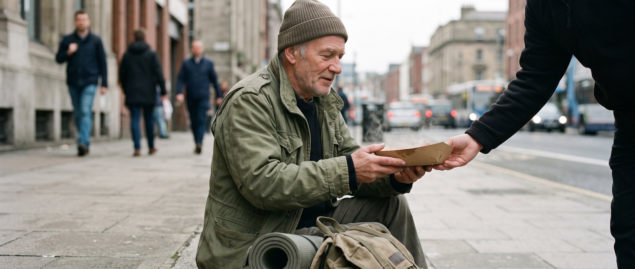 A homeless veteran being handed a hot meal on the street