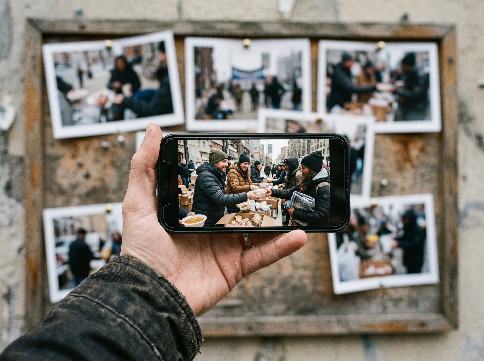 A phone showing volunteers handing out hot meals