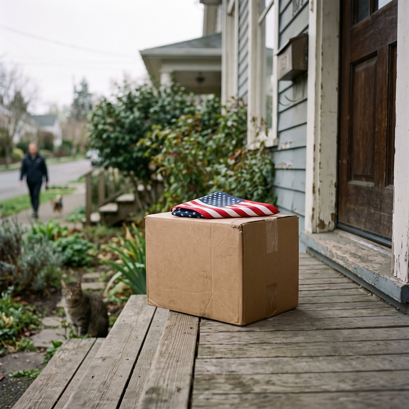 A parcel on a doorstep with a folded flag