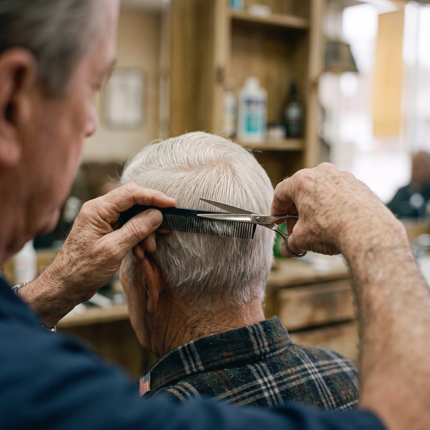 A veteran receiving a haircut