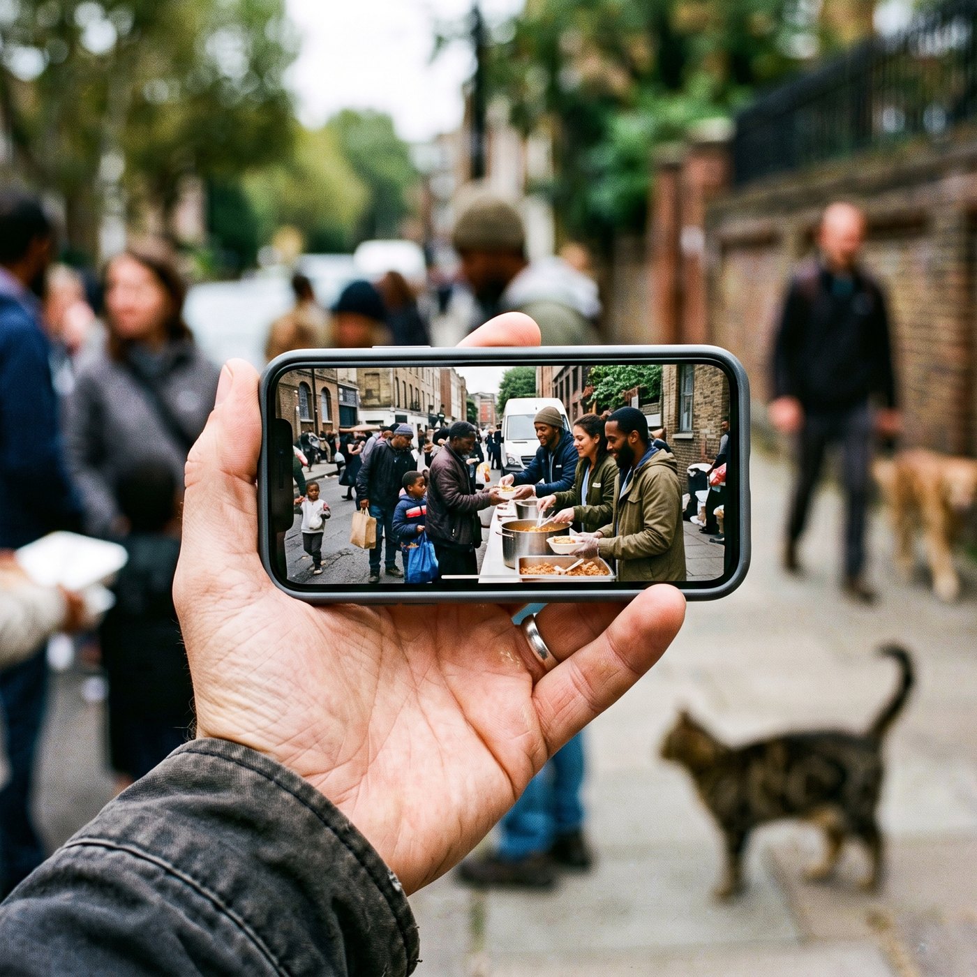 A phone showing volunteers handing out meals