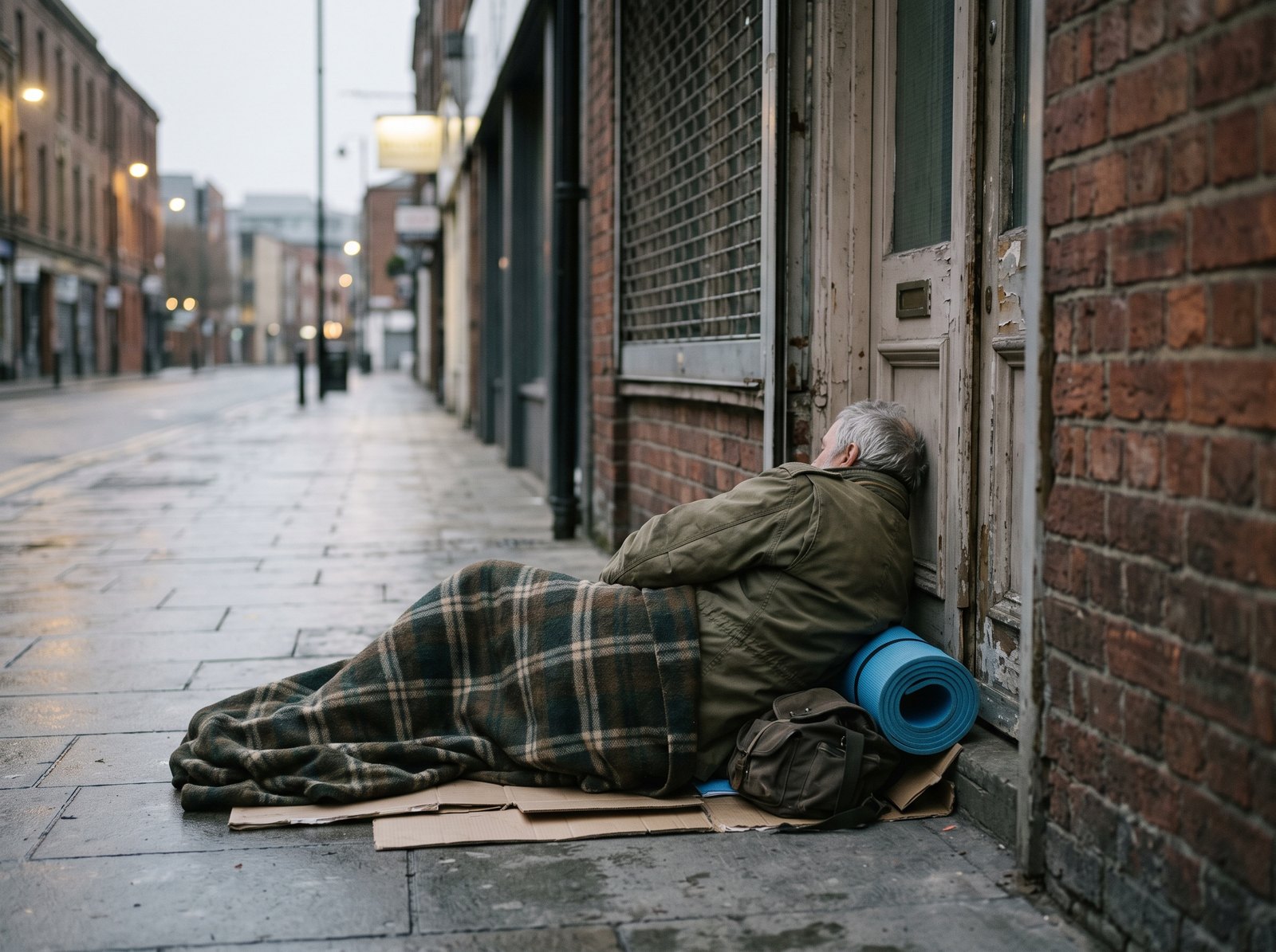 A veteran sleeping rough in a shop doorway at dawn